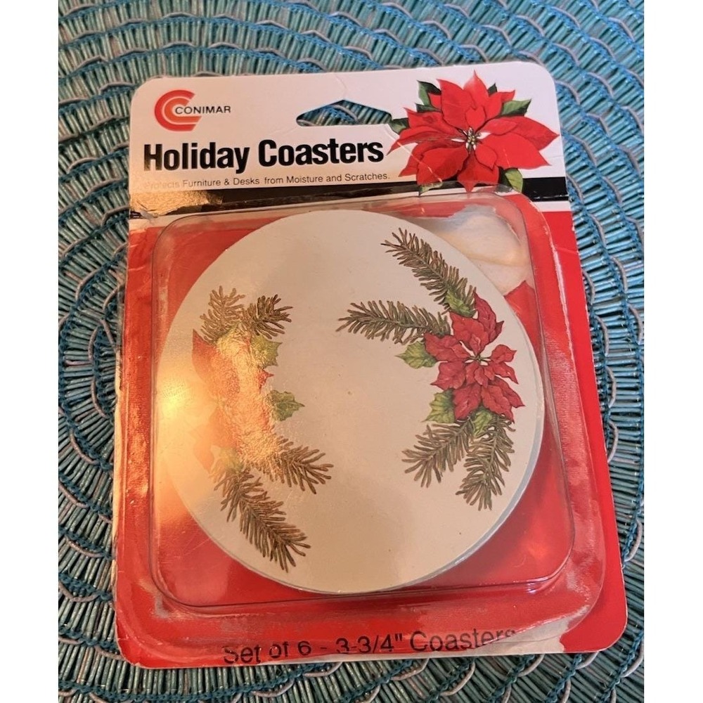 Vintage Conimar Holiday Coasters Poinsettia Pine Cork Set of 6 Christmas 3 3/4"